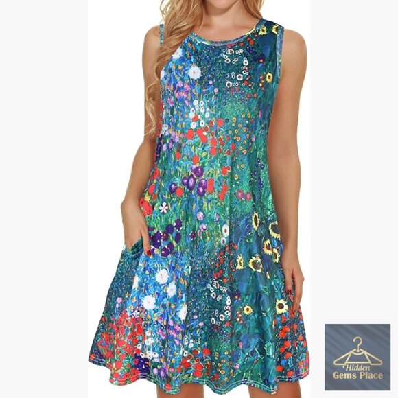 Dresses & Skirts - Floral Print Sleeveless Sundress with Pockets Loose Fit Summer Casual